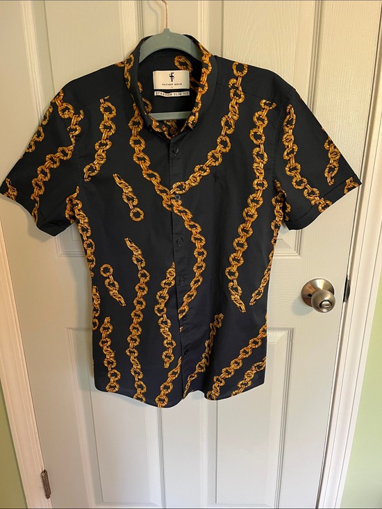 Father Sons Other - Men's Navy Short-Sleeve Button-Down Shirt with Gold Chain Print